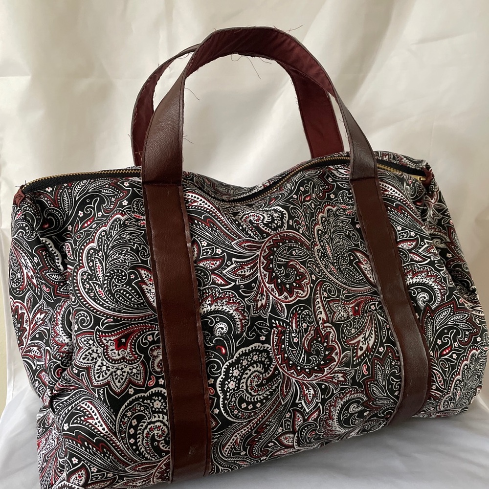 Handmade designer duffle bag women’s handbag black paisley print with lining